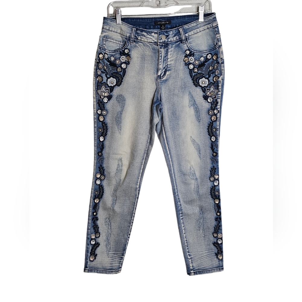 Juliette  Embroidered Beaded Bling Distressed Denim Jeans Size 8